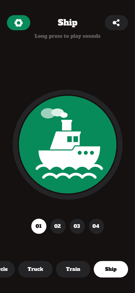 Horn Sounds - Car Horn & Siren - Ship horn sound selection screen in the Horn Sounds app showing a green ship icon and multiple tone options