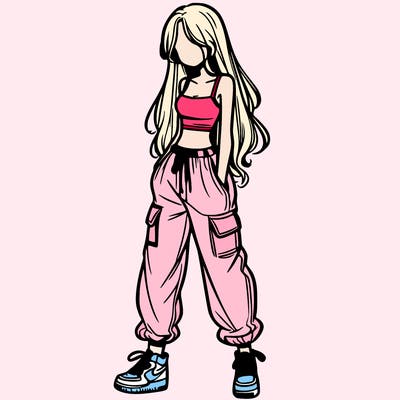 girl in baggy pants crop top and long hair