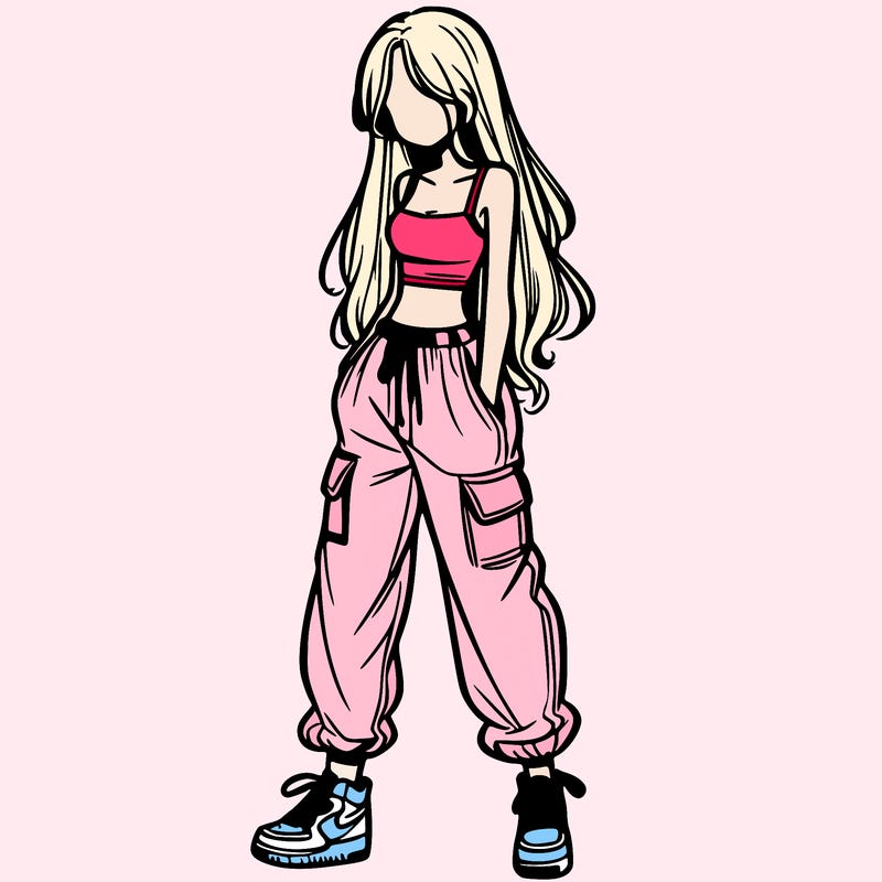 girl in baggy pants crop top and long hair