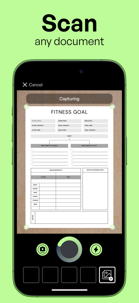 Scannerkit: PDF & Scanner App - ScannerKit mobile app interface capturing a document with automatic edge detection.