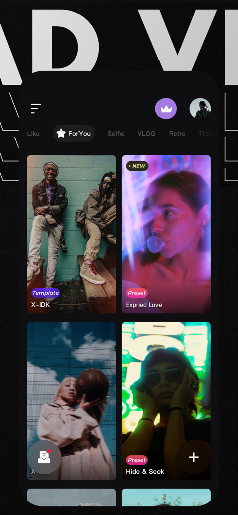 Salad Video -Video Editor - Interface of the Salad Video app showing a feed of trending video templates and presets