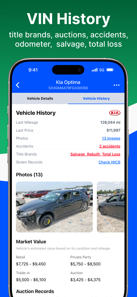 Plate Lookup: VIN Check - Mobile app screen displaying a detailed vehicle history report including salvage title brands, accident records, and market value.
