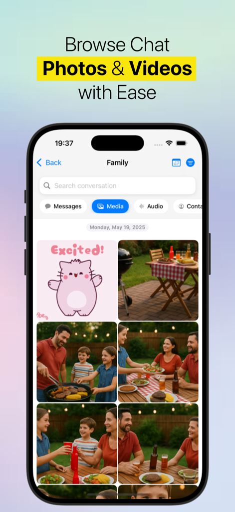 Chat Archive – WhatsApp Backup - Media gallery interface in Chat Archive showing organized photos and videos from a WhatsApp conversation