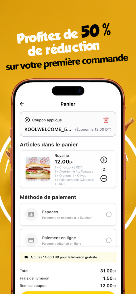 Kool Delivery - Checkout screen of Kool Delivery app showing a 50 percent discount coupon and order summary