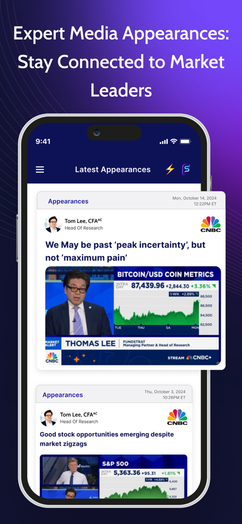 FS Insight - FS Insight mobile app screen showing expert media appearances featuring Tom Lee's market analysis on CNBC.