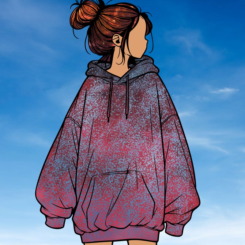 realistic girl with a oversized sweatshirt on and a bun