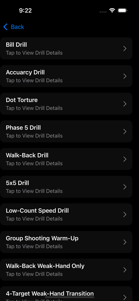 Drills 4 Skills - A list of shooting drills in the Drills 4 Skills app including Bill Drill and Dot Torture
