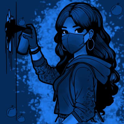 realistic girl with mask spray painting a wall