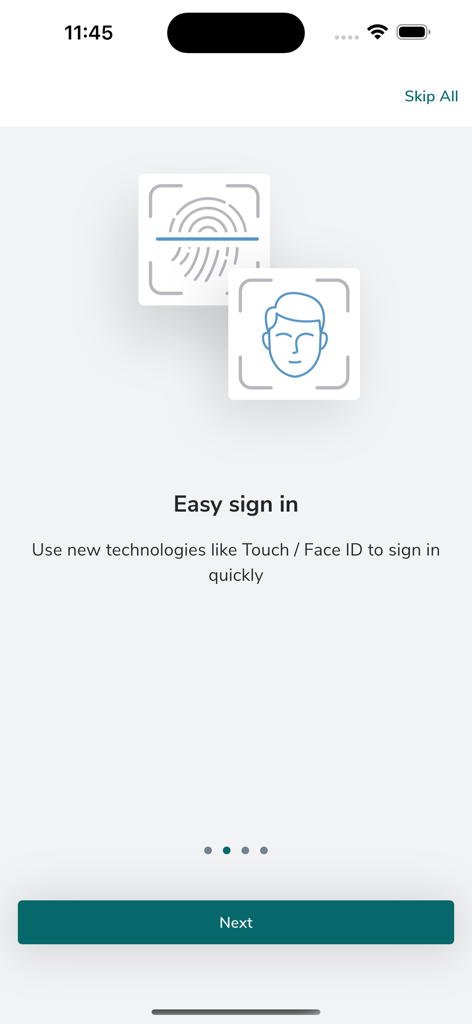 myQuintet QR Code - Easy sign in screen showcasing Touch ID and Face ID biometric authentication for secure mobile banking