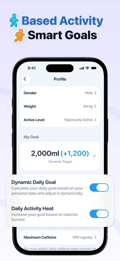 Water Tracker app profile screen showing dynamic daily hydration goals based on activity level