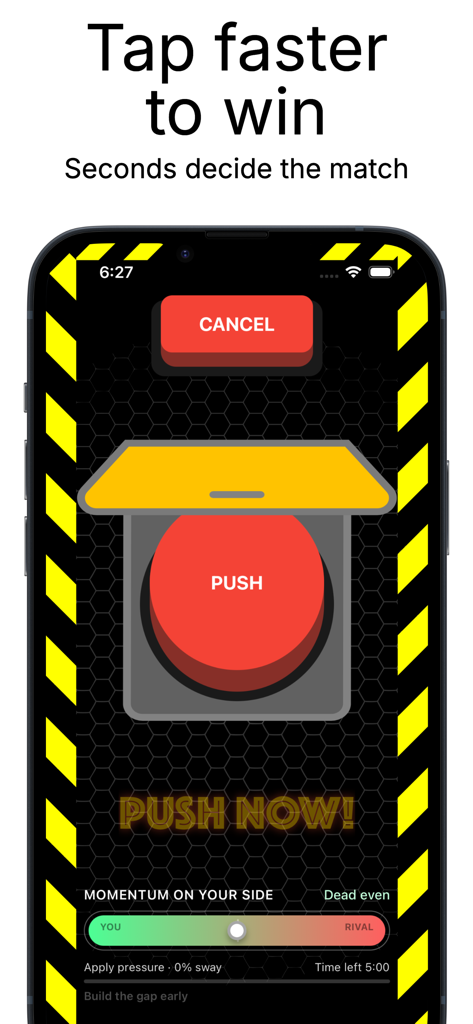 Click Defeat: Red Button Duels - Gameplay screen of Click Defeat showing a red push button and a momentum bar for a competitive duel