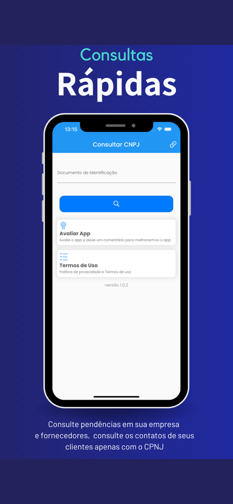 Consulta CNPJ Online - Mobile app screen showing the search interface for Consulta CNPJ Online with a field to enter Brazilian company identification numbers.