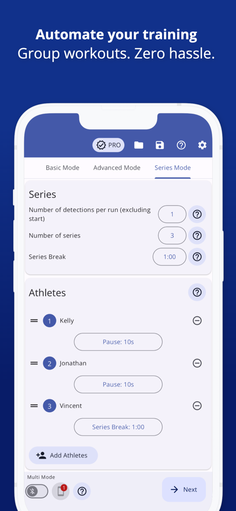 Photo Finish: Automatic Timing - Interface de l'application Photo Finish affichant le mode Série pour la gestion des séances d'entraînement de vitesse de groupe automatisées avec plusieurs athlètes.