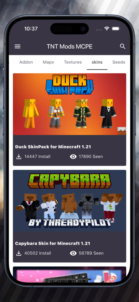 TNT Boom Mods for Minecraft PE - Una interfaz de aplicación móvil que muestra skins de Minecraft PE, incluyendo paquetes de skins de pato y capibara