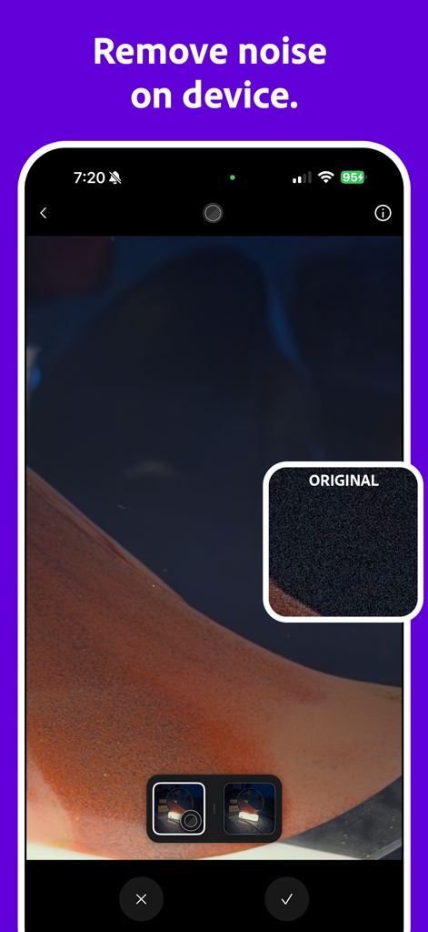 Project Indigo app interface showing the on-device AI noise reduction feature with a comparison to the original noisy photo