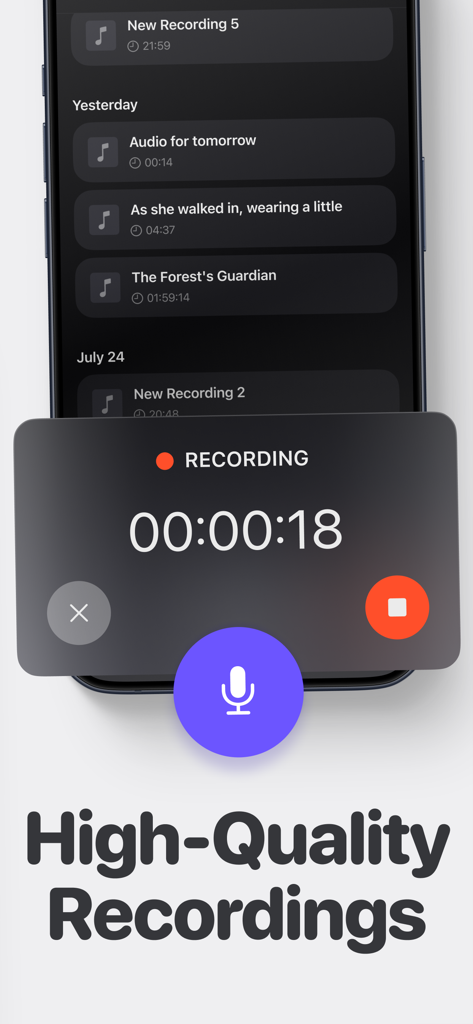タイマーと停止ボタンが表示されたアクティブなオーディオ録音セッションを示すボイスメモアプリのインターフェース。