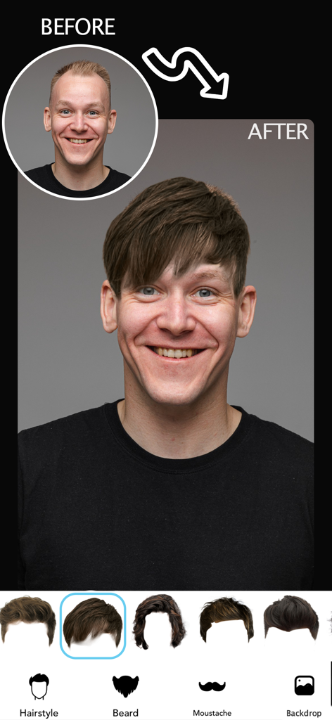 HairStyle Makeover Changer App - Comparación de antes y después de un hombre probando un nuevo peinado en la app Cambiador de Look Capilar.