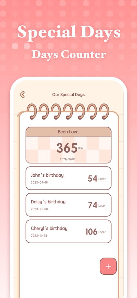 Love Days Counter - Love Home - Interface of a relationship app showing a countdown for anniversaries and birthdays in a cute notebook style.