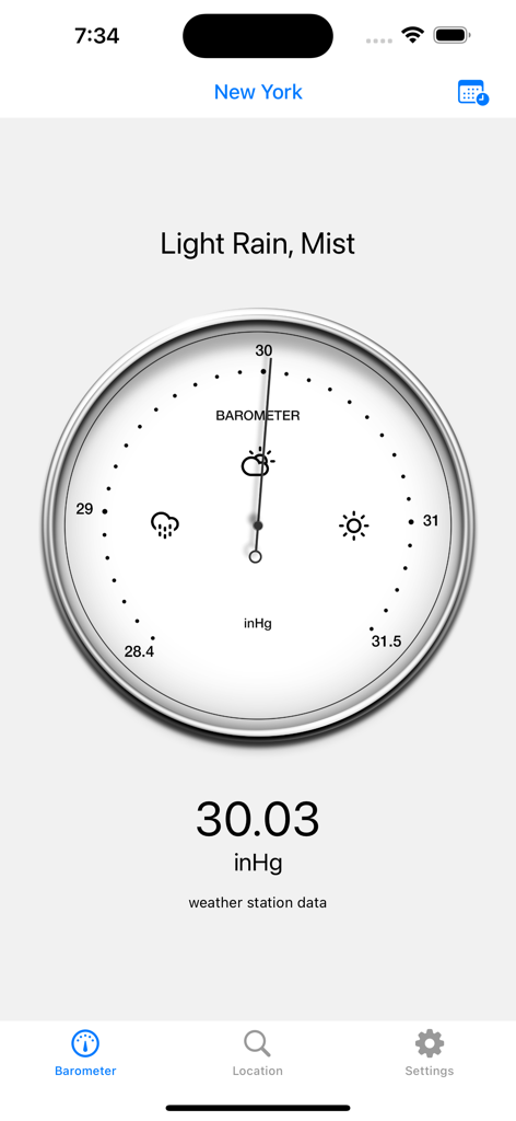Barometer app interface displaying atmospheric pressure in inHg with an analog-style dial and weather status for New York.