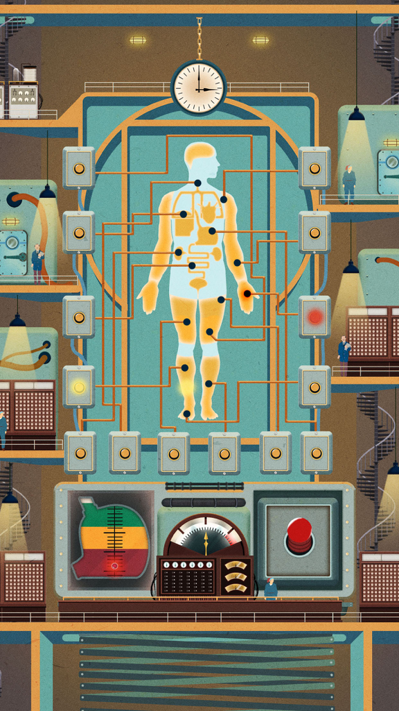 Homo Machina - A vintage 1920s industrial infographic showing the human body as a mechanical factory with various controls and gauges.