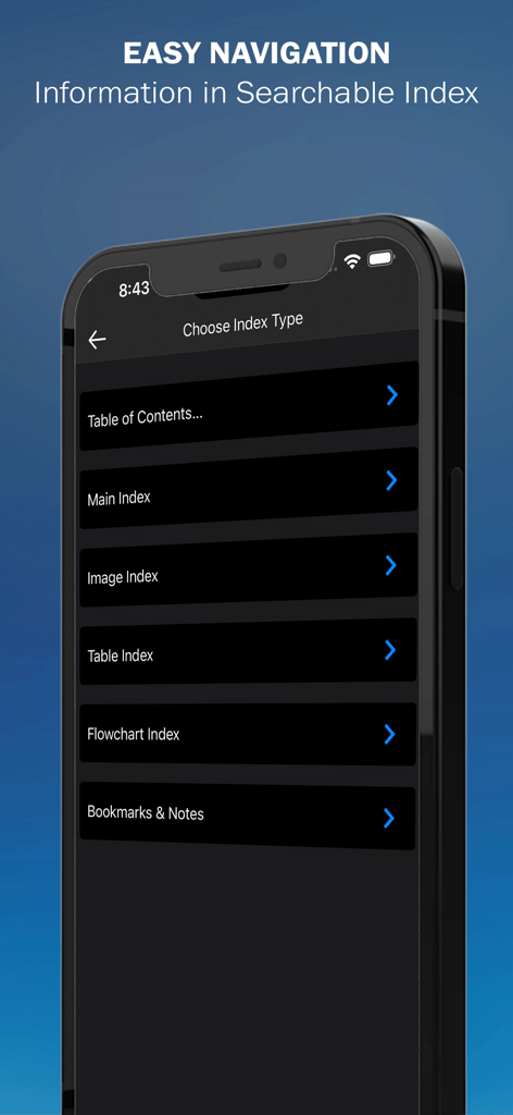 Cancer Pharmacology Manual - Interfaz de la aplicación móvil Manual de Farmacología Oncológica que muestra opciones de navegación de índice como Tabla de Contenidos, Índice Principal e Índice de Imágenes.