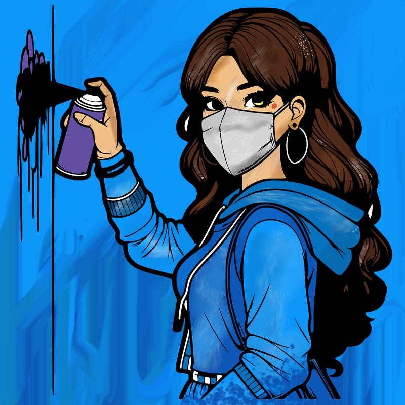 realistic girl with mask spray painting a wall