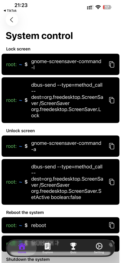 Learn Linux Commands - Learn Linux Commands app interface displaying system control commands for lock screen and reboot
