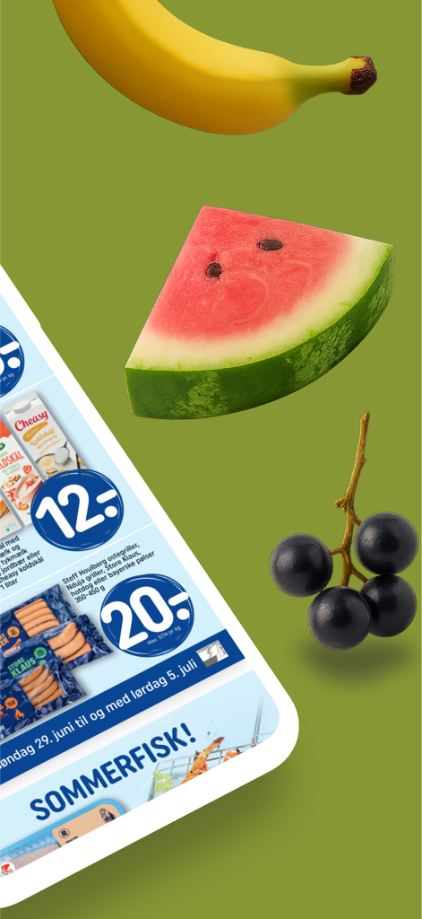 eTilbudsavis - 스마트폰 화면에 수박, 바나나와 같은 신선한 과일로 둘러싸인 디지털 식료품 할인 정보 표시