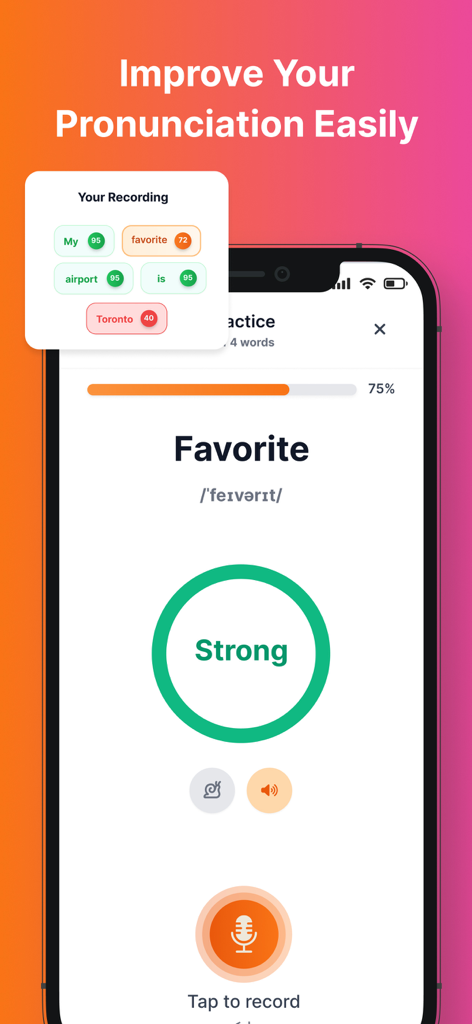 LingUp: AI Language Speaking - LingUp app screen showing AI powered pronunciation practice with real time feedback scores