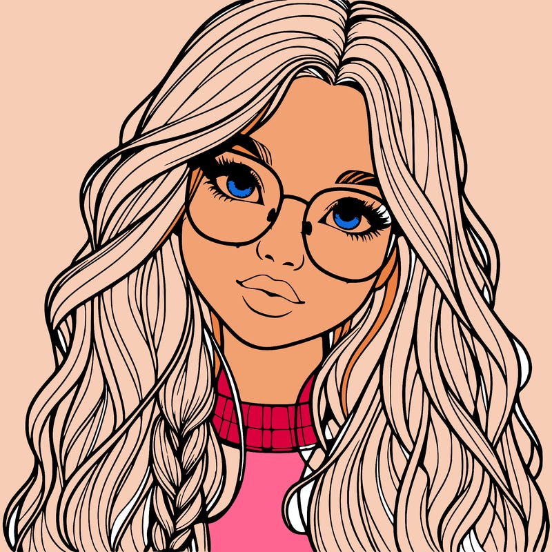 girl with long hair and freckles and glasses realistic