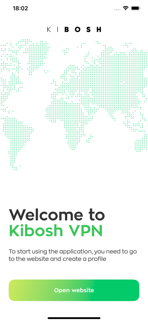 KiboshVPN - Welcome screen of the KiboshVPN app instructing users to create a profile on the official website to get started