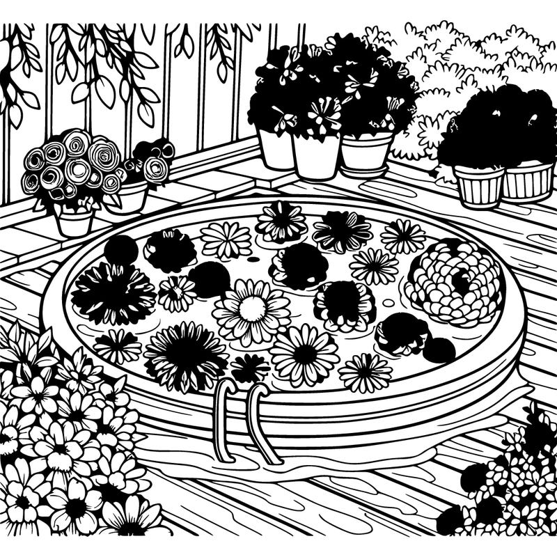 flowers in a pool filled with water with a deck with flowers on it