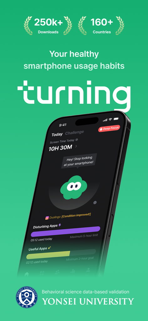 Turning: Screen Time & Routine - The Turning app dashboard features screen time tracking, a Deep Focus mode, and a digital buddy character named Turny.