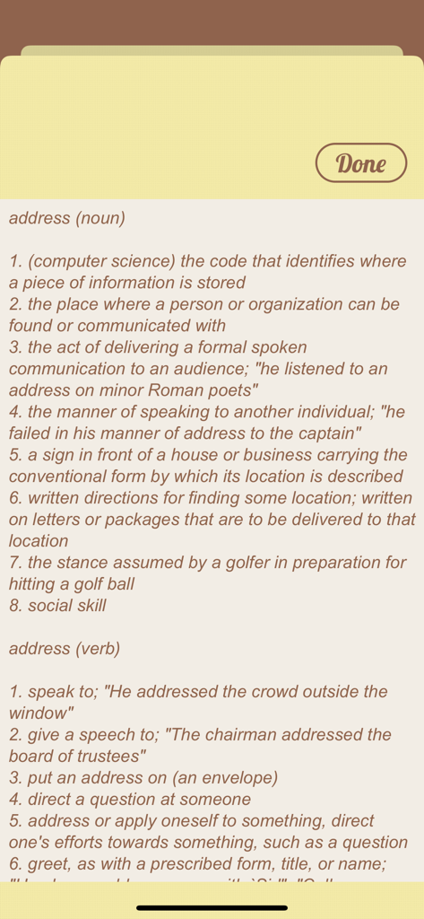 Synonyms Quiz - 類義語クイズアプリの画面。addressという単語の名詞と動詞の複数の定義が表示されます。