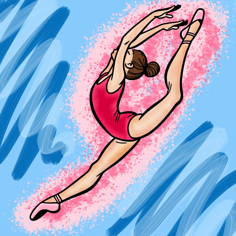 gymnast doing a leap in a leotard with a bent back leg