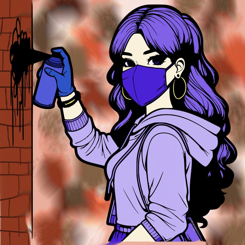 realistic girl with mask spray painting a wall