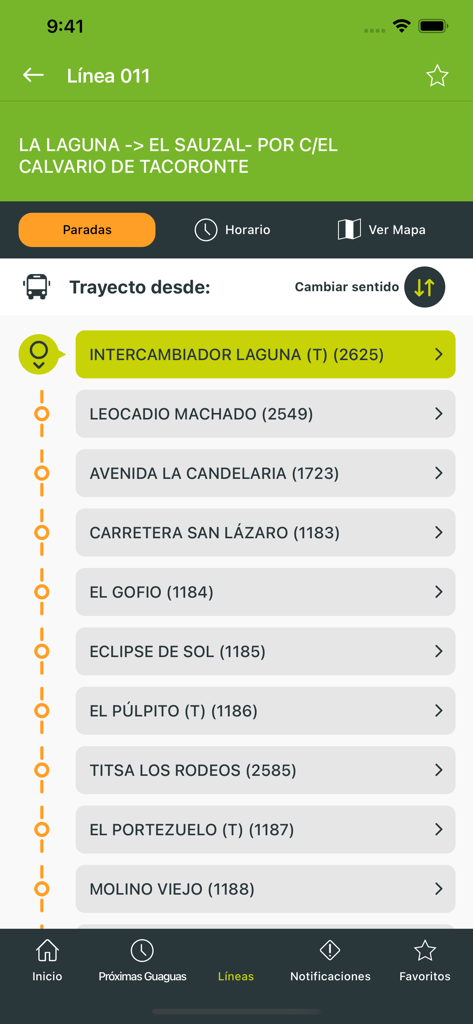 Titsa - Titsa app interface displaying the list of bus stops for route Line 011 in Tenerife