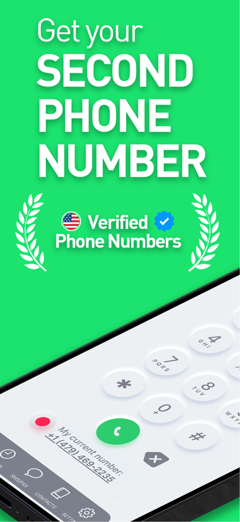 2nd Phone Number: Burner.: App - Second phone number app interface showing a verified USA number and numeric dial pad