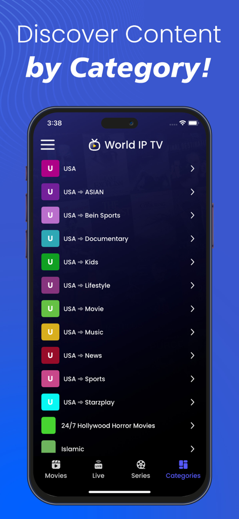 IPTV Smart Player, Live Stream - IPTV Smart Player app interface showing content categories on a smartphone screen
