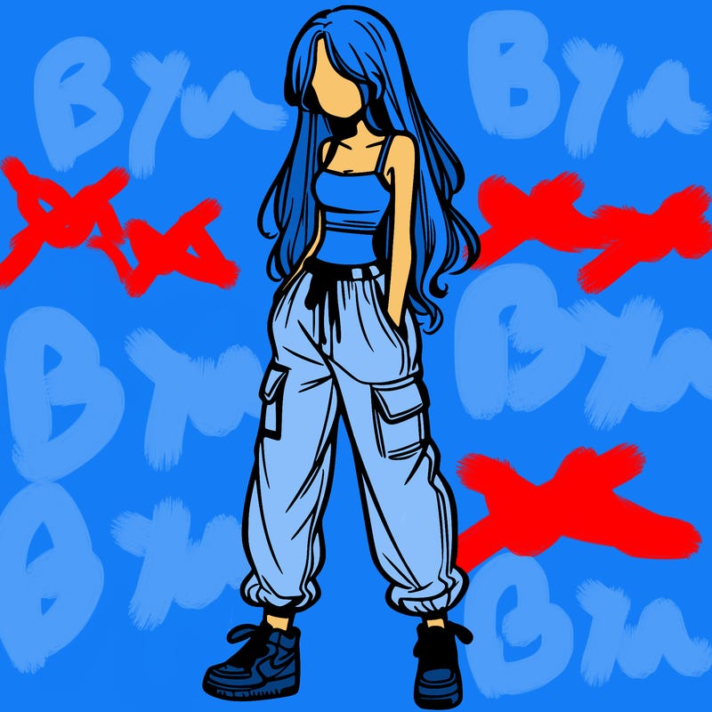 girl in baggy pants crop top and long hair