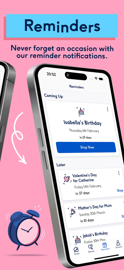 Interfaccia dell'app mobile che mostra promemoria per occasioni imminenti per compleanni e festività