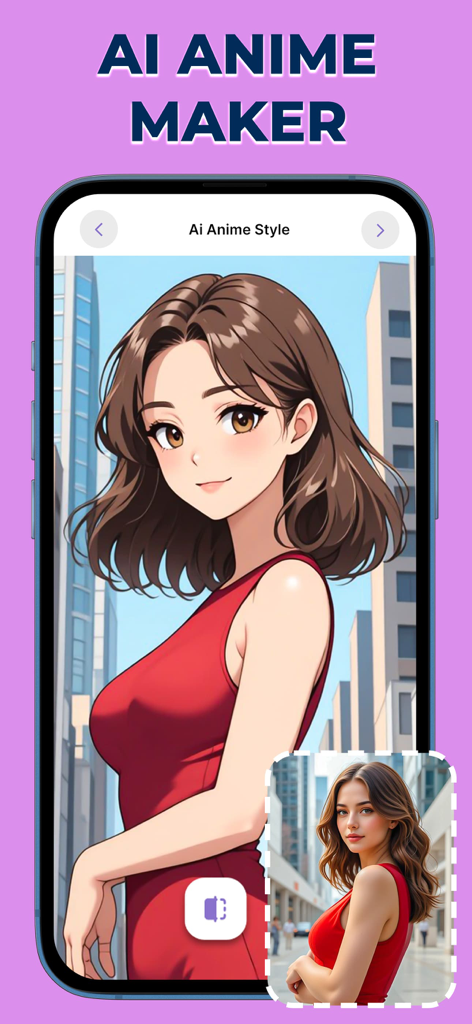 KI Anime Maker App-Oberfläche, die ein echtes Foto zeigt, das in ein hochwertiges Anime-Porträt umgewandelt wurde