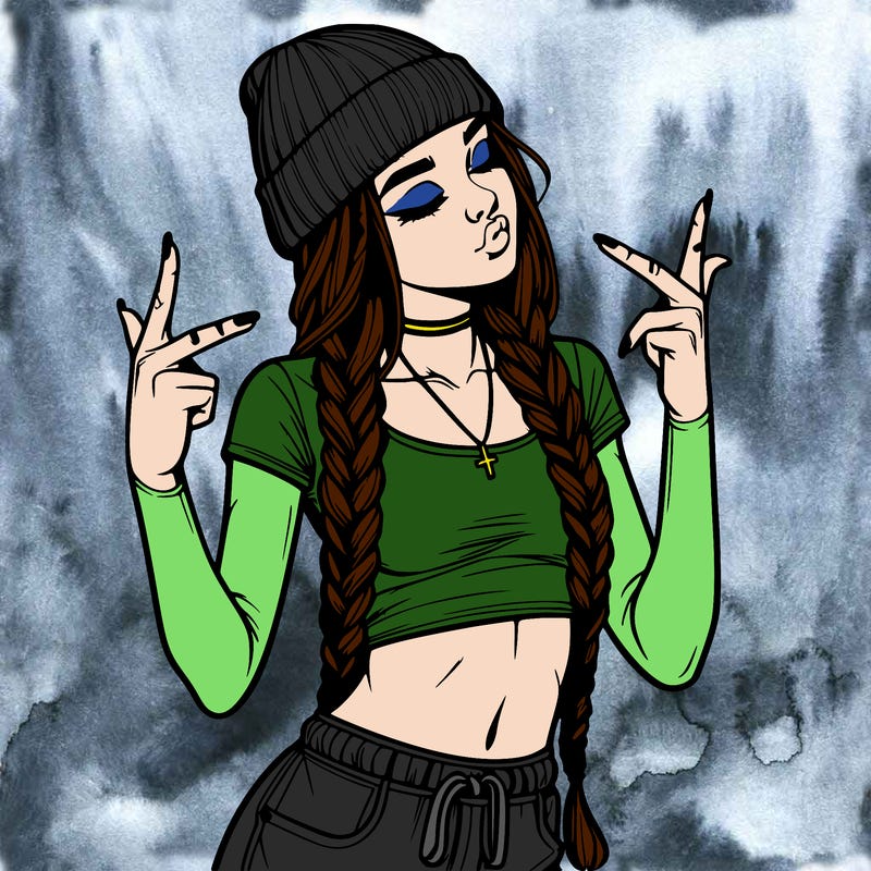 realistic teenage girl with braids and a beanie and crop top doing 🫶🏼