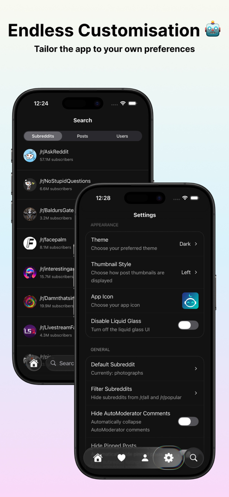 Artemis for Reddit - Artemis for Reddit app interface showing deep customization settings for appearance and general preferences