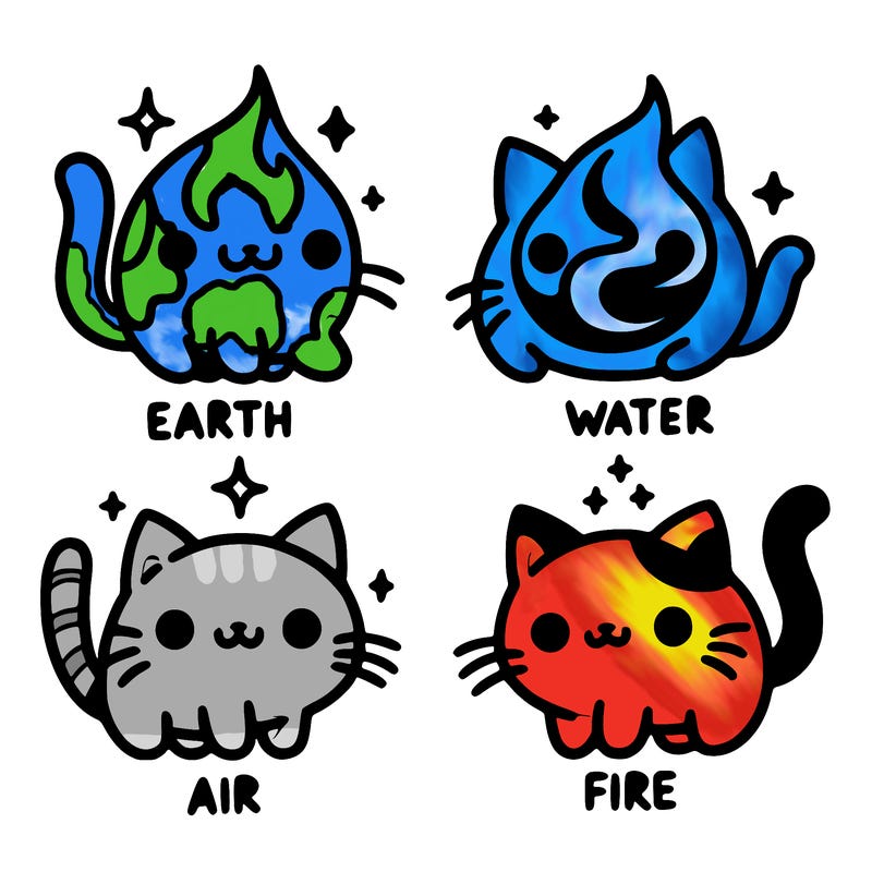 4 cats that represent the different elements, earth, water, air, and fire