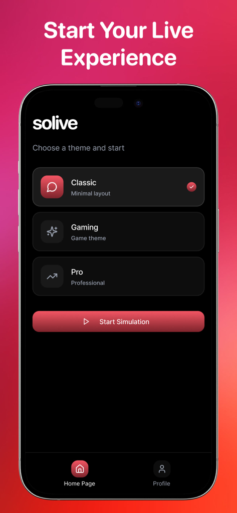 SoLive: Go Live Simulator - SoLive Go Live Simulator theme selection screen with Classic Gaming and Pro options