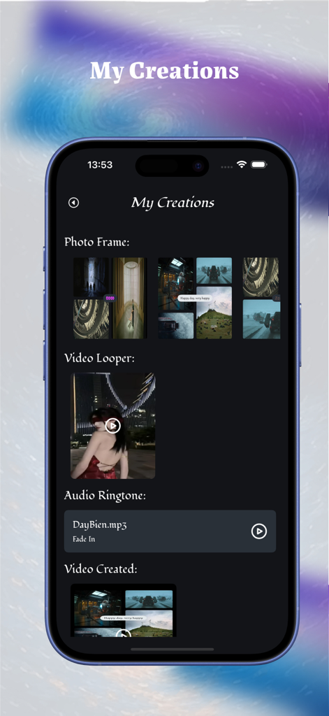 Tango Me app My Creations screen showing a gallery of photo frames video loops audio ringtones and created videos