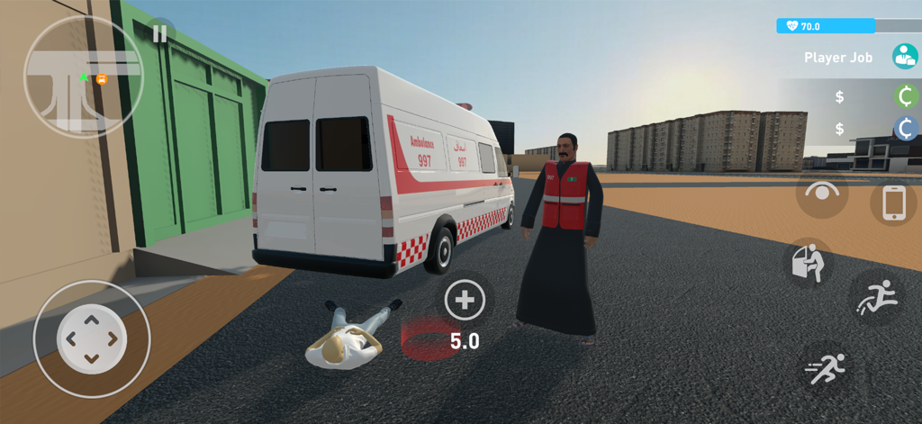 Citizen Khaled - A paramedic character standing next to an ambulance and an injured person in the Citizen Khaled simulation game.