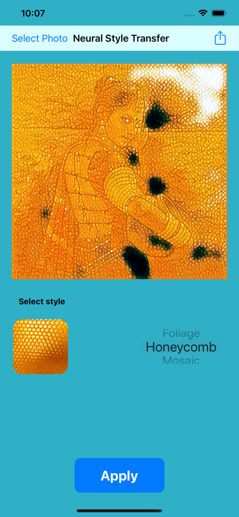 Neural Style Transfer - Neural Style Transfer app interface showing a photo transformed with a golden honeycomb AI filter