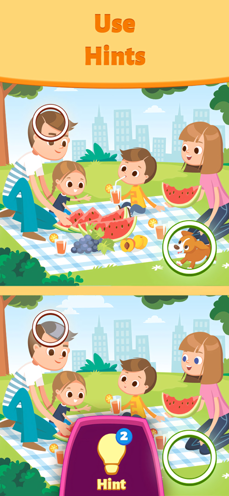 Differences Online—Find Games - A spot the difference game screen showing a family picnic with a hint button and circles highlighting differences